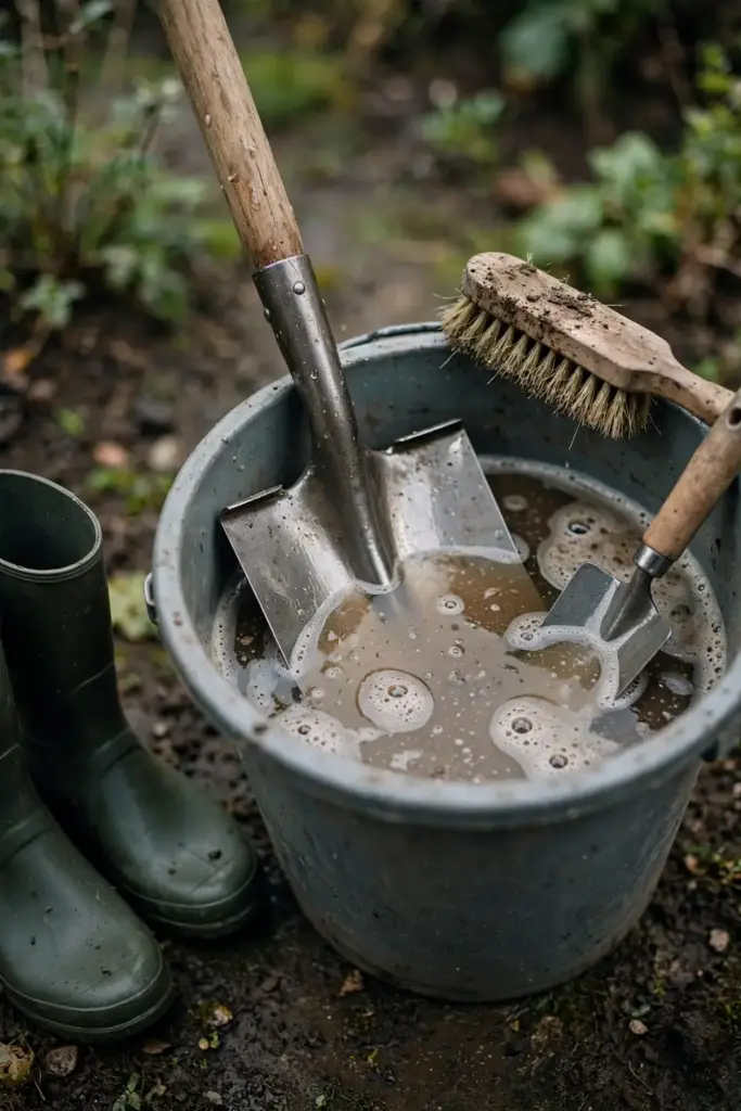 Shovel and trowel soaking in a bucket of soapy water.