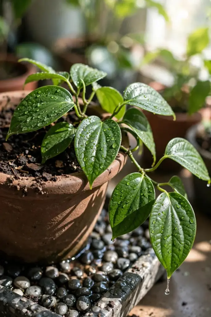 Water beads on Javanese long pepper leaves above a pebble tray