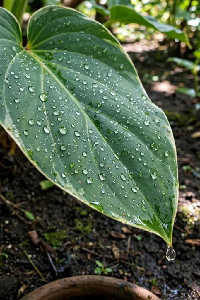 Water droplets beaded on a broad kencur leaf after deep watering