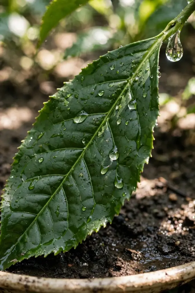 Water droplets beaded on a Java tea leaf over moist dark soil