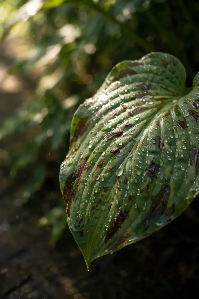 Water droplets beading along veins on a blotchy hosta leaf.