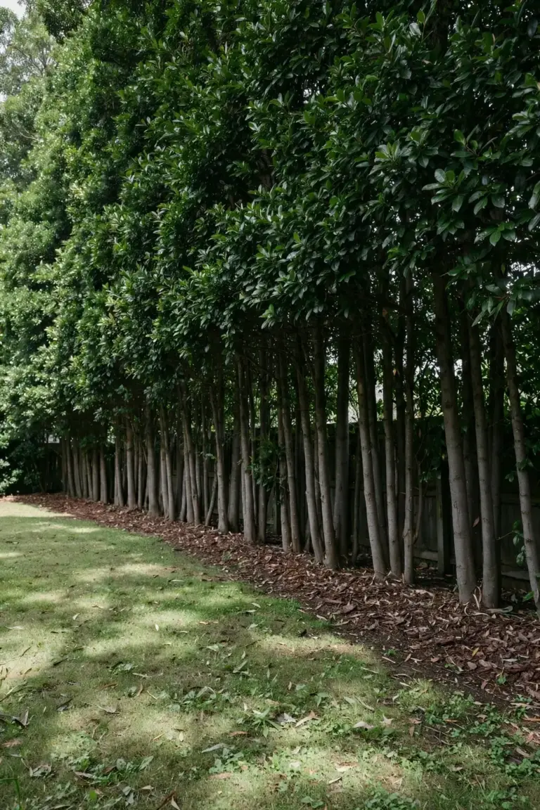 Tall water gum trees with glossy leaves forming a closed screen