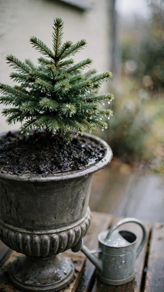 A living evergreen urn with dark moist soil and a watering can at its base