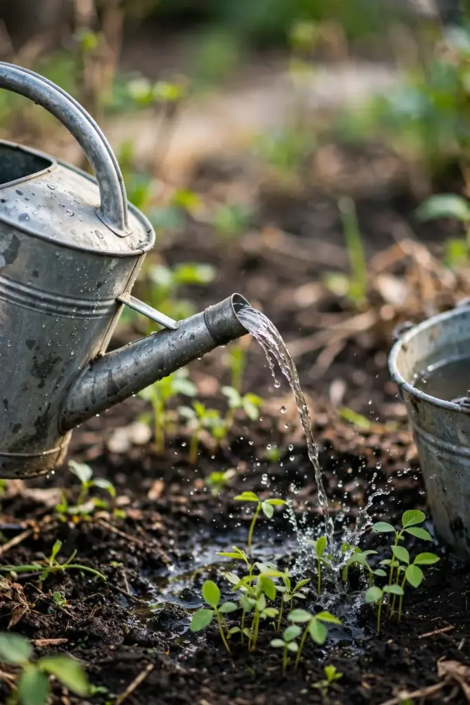 Watering can soaking the base of young adzuki bean seedlings