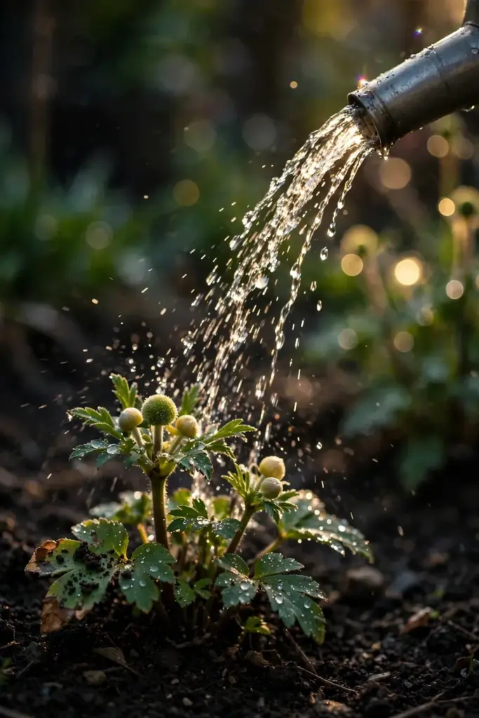 Watering can spout pouring water onto a young Japanese anemone crown