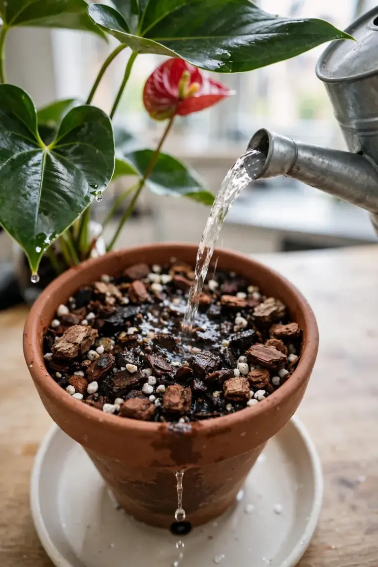 Watering can spout pouring water into a potted anthurium with a drained saucer