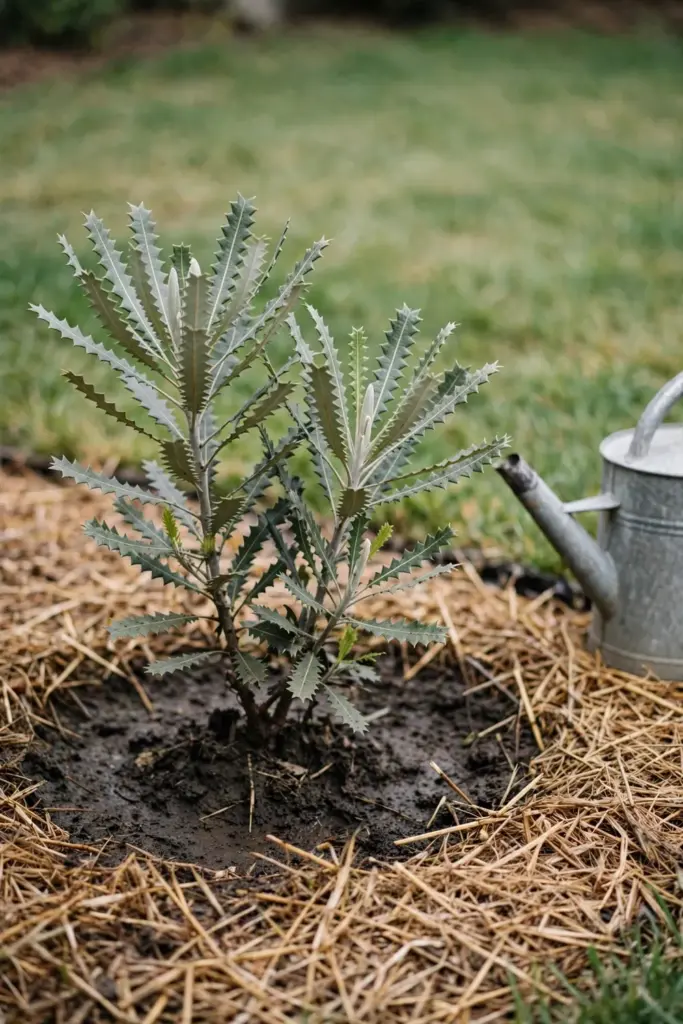Watering can resting beside a banksia with damp mulch and dry surface soil