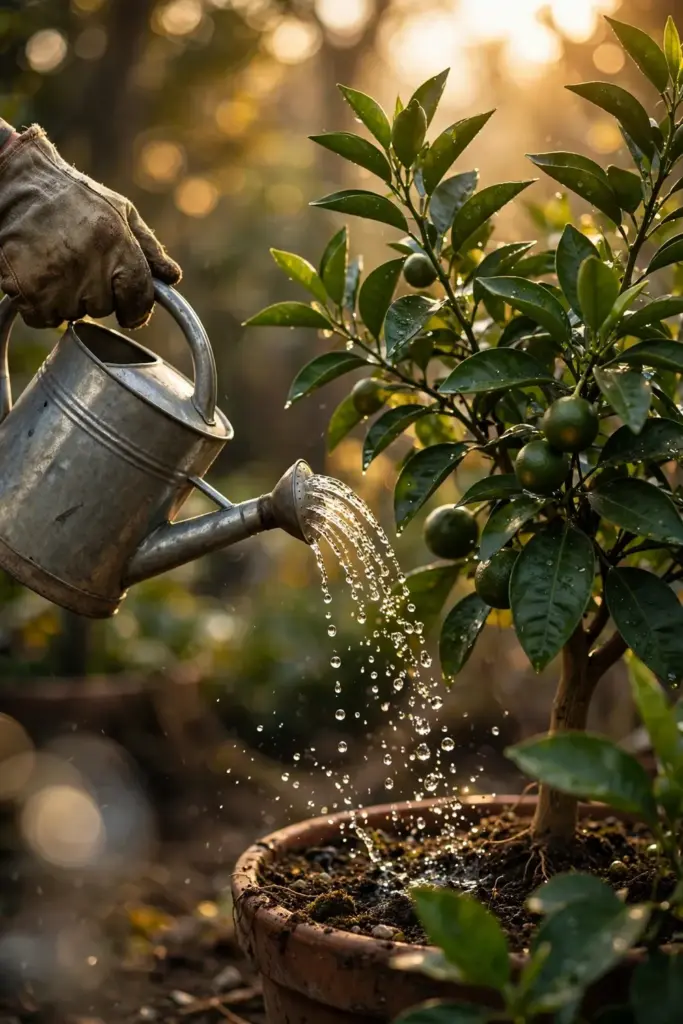 Watering a potted bitter orange tree with a watering can at low warm light