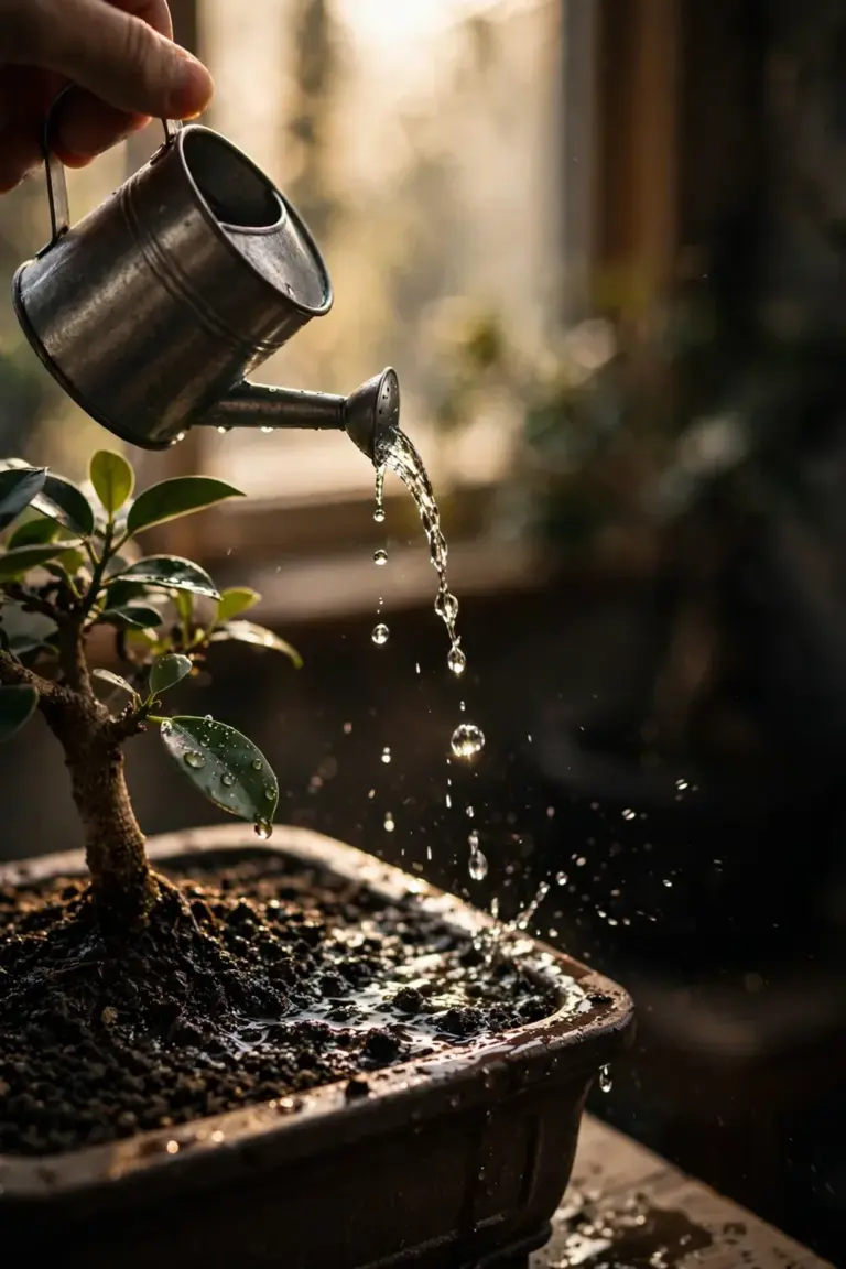 Hand tipping a watering can over a bonsai pot with droplets in the air
