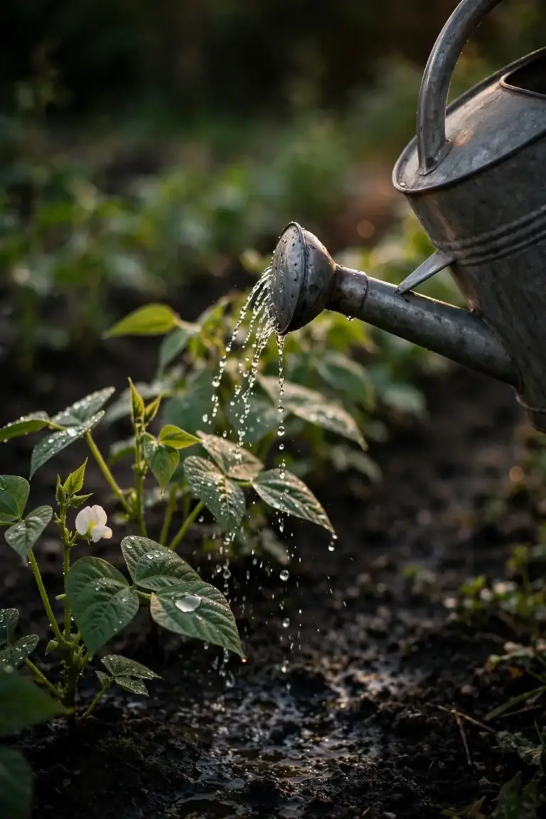 Metal watering can tipping water over a row of bean plants