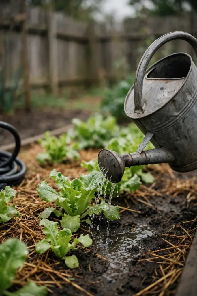 Watering can pouring water at the base of vegetable plants