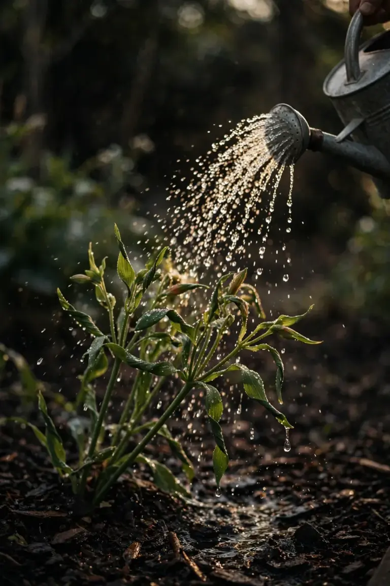 Hand tipping a watering can over mulched alstroemeria with droplets mid-air