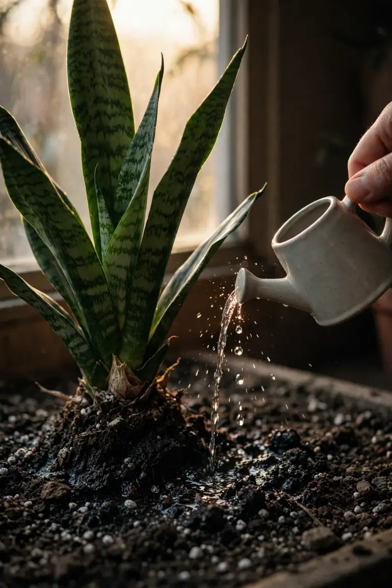 Water poured onto the soil around a snake plant, keeping the rosette center dry