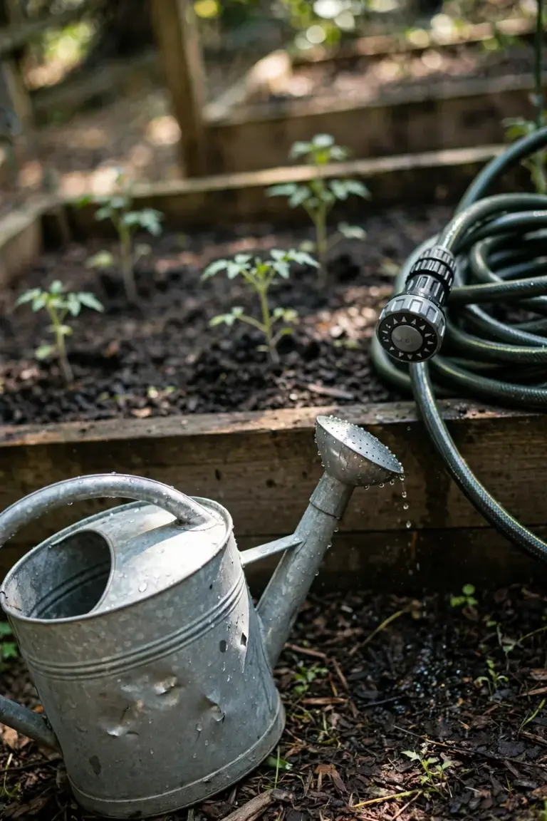 Watering can and hose with adjustable nozzle beside a raised bed