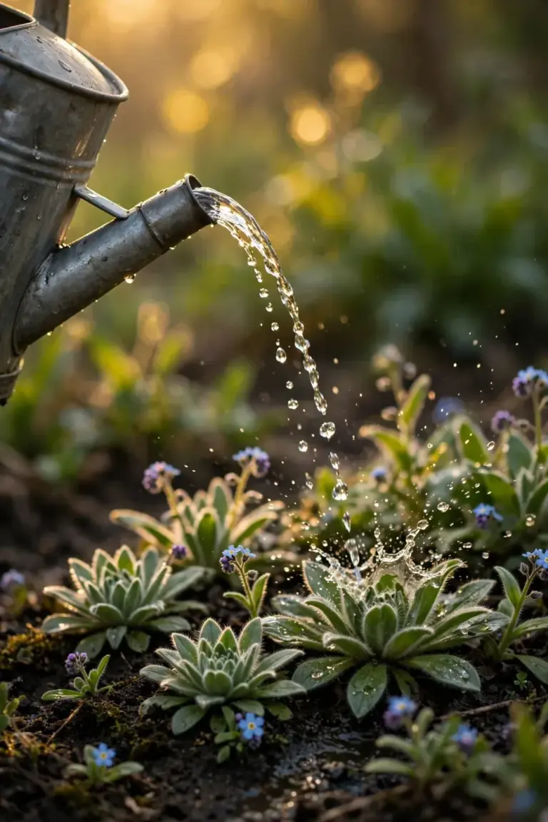 Watering can pouring liquid feed onto forget-me-not rosettes in spring