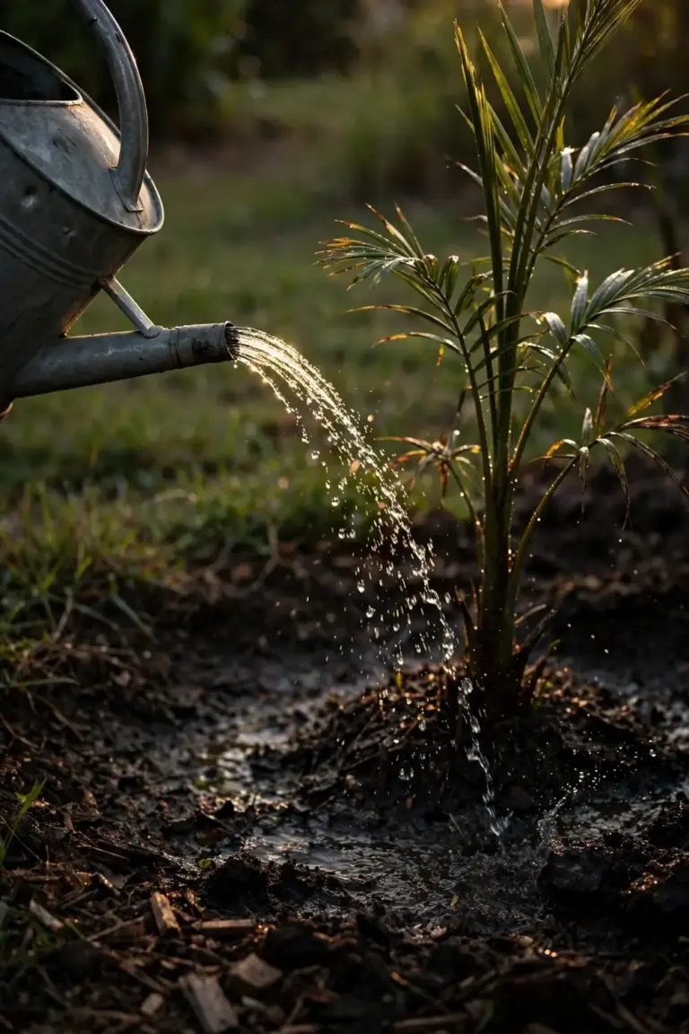 Water arcing from a watering can onto the root zone of a young palm