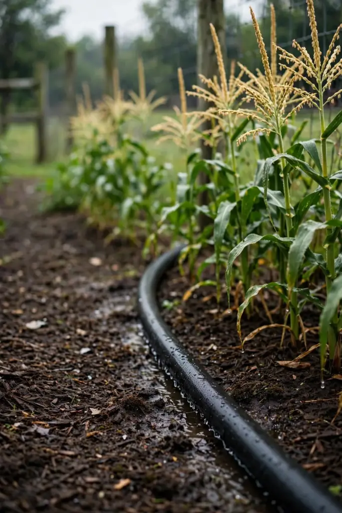 Soaker hose watering the base of tasselling corn plants