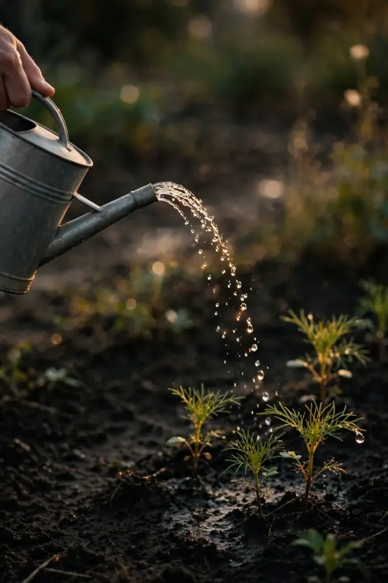 Hand watering young cosmos seedlings at the root zone