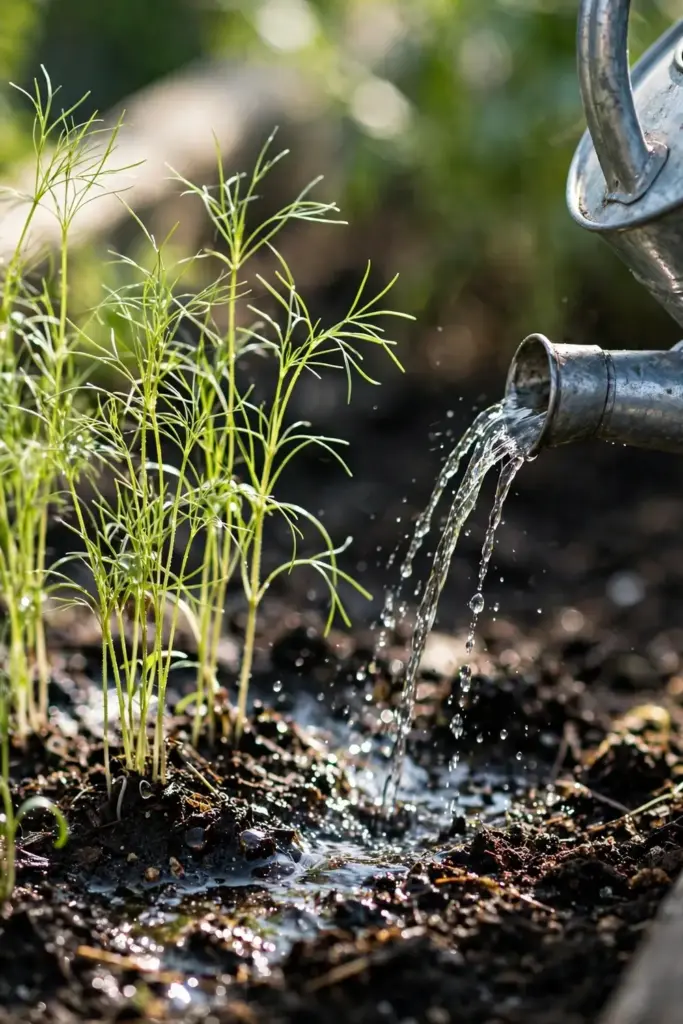 Watering can spout watering cumin seedlings at the base