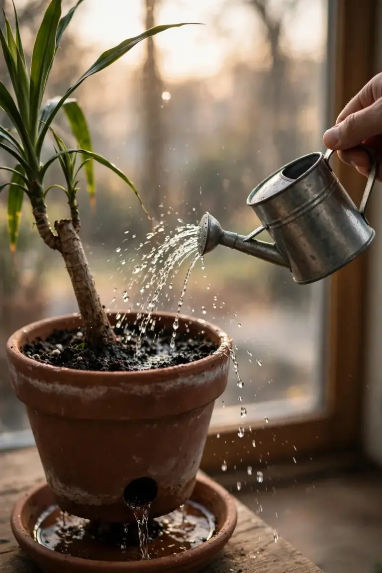 Hand watering a potted dracaena, water draining from the pot into a saucer