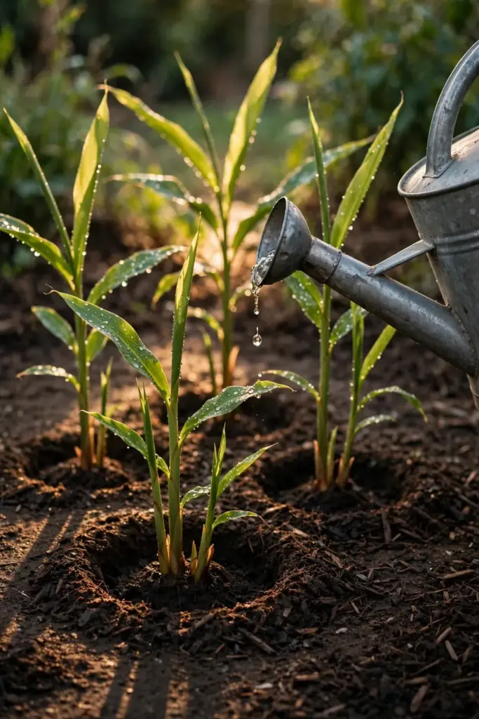Watering can watering young galangal shoots in a mulched garden bed