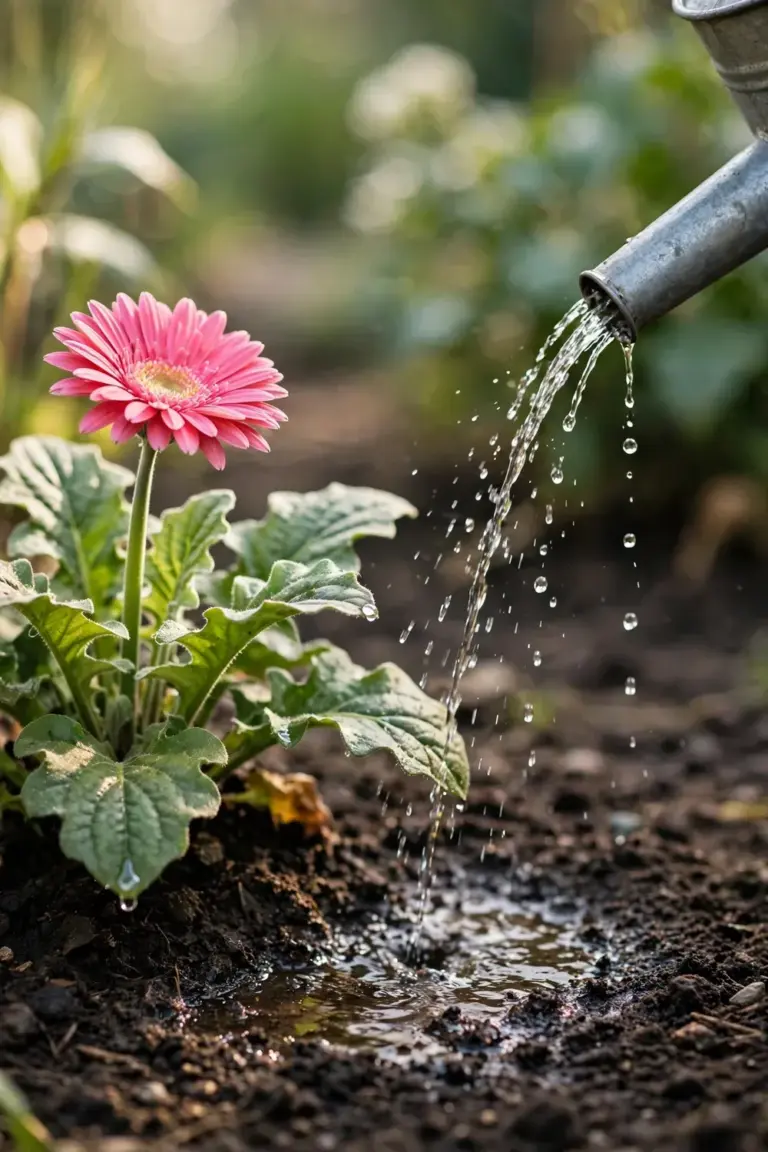 Watering can spout pouring water at the base of a gerbera plant