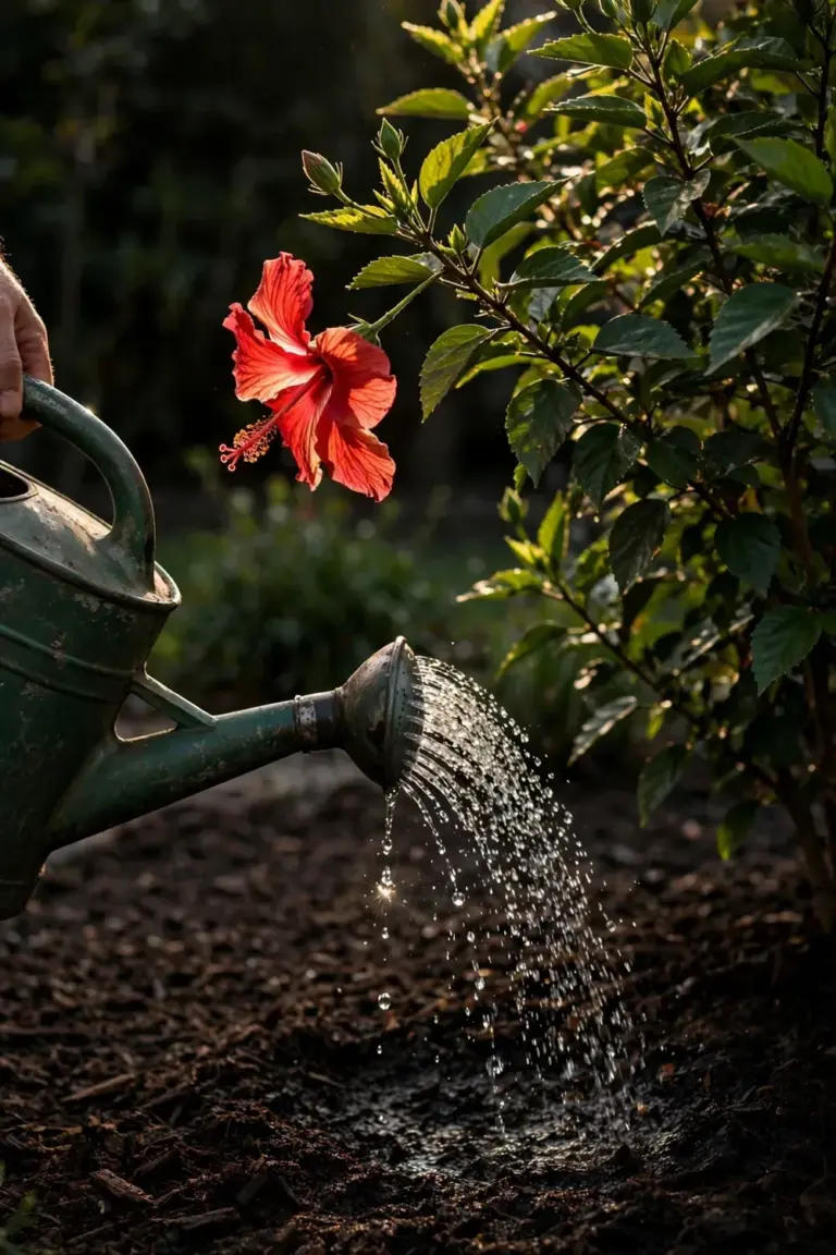 Water pouring from a watering can onto the mulched root zone of a flowering hibiscus shrub