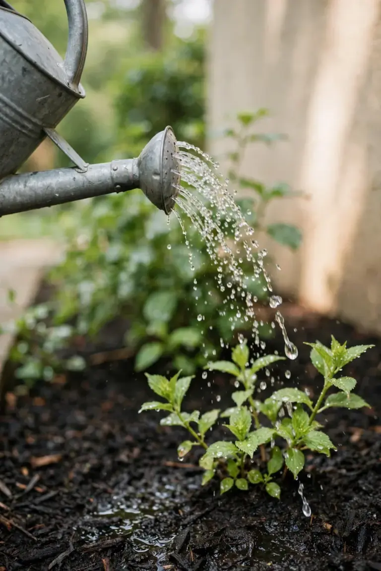 Watering can pouring a deep soak onto the root zone of a young hydrangea.