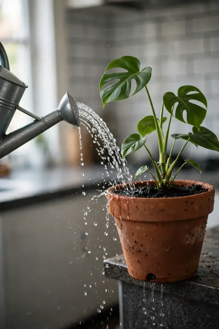 Water pouring from a can spout into a potted young monstera