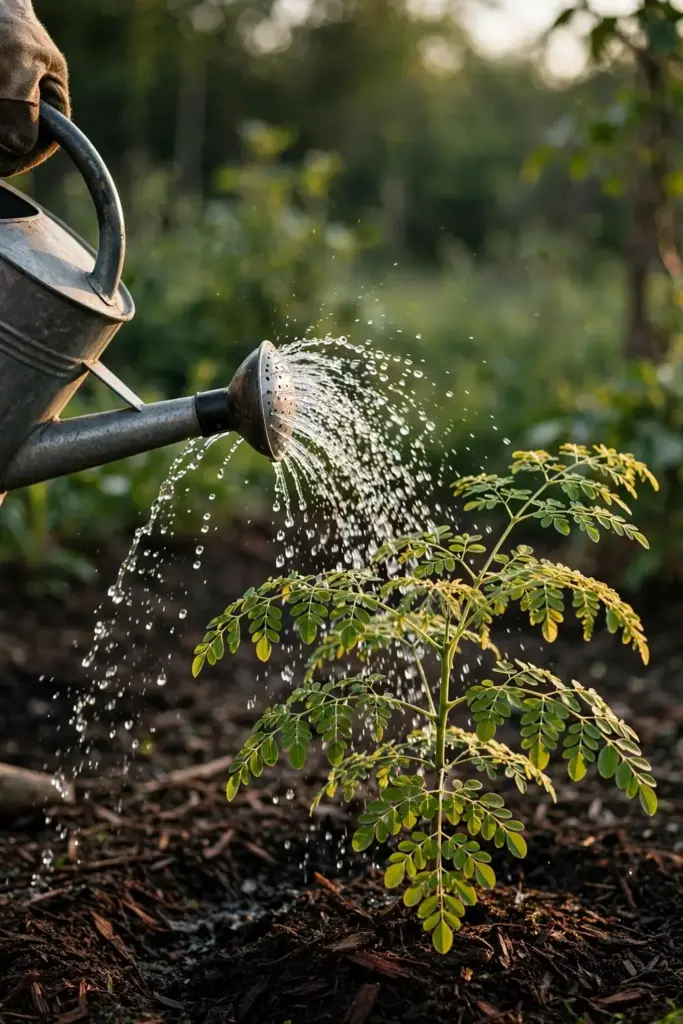 Watering can tipping water onto the root zone of a young moringa tree