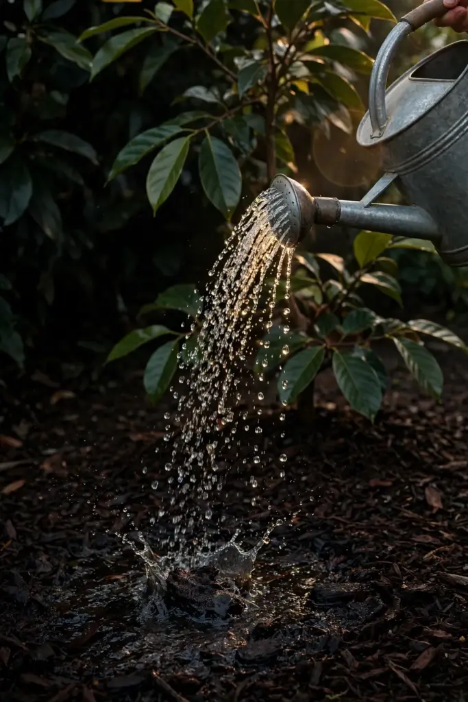 Watering can pouring water onto a young nutmeg tree's root zone