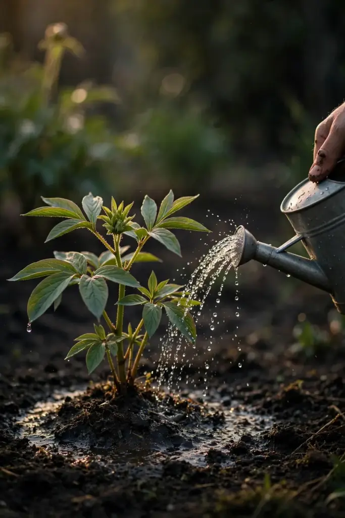 Hand tipping a watering can with droplets arcing onto a peony root zone