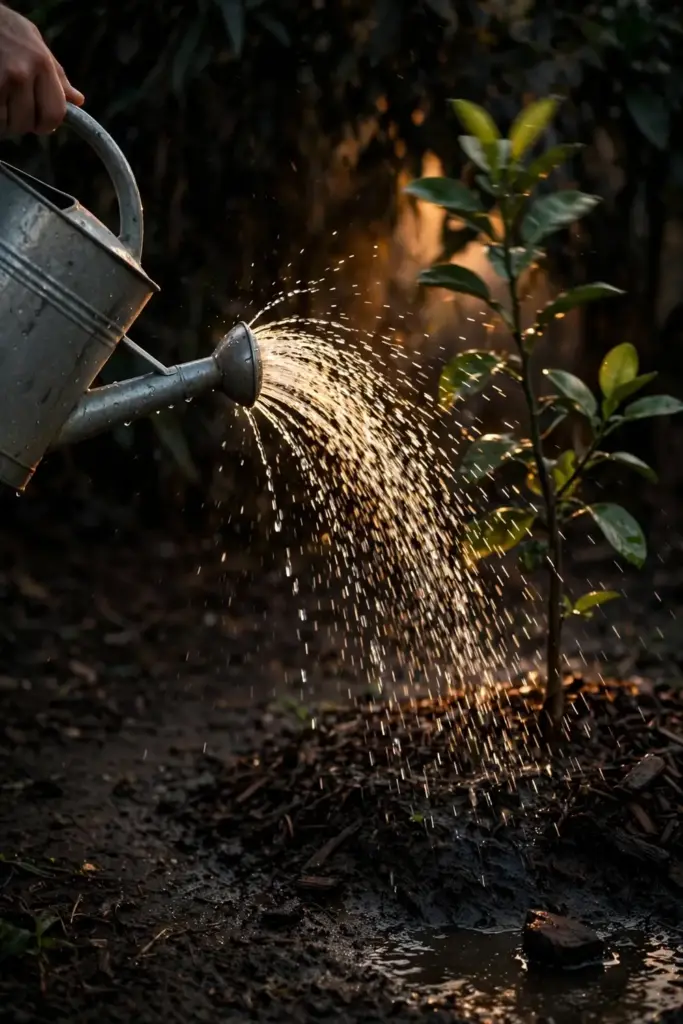 Hand tipping a watering can over a young pomelo tree root zone