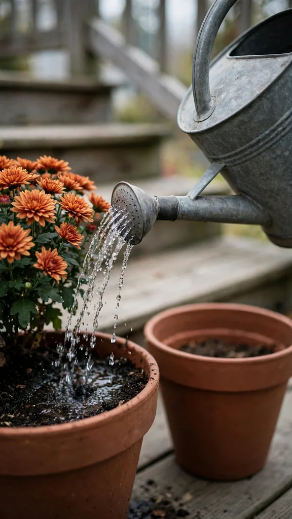 A watering can pouring at the base of a potted mum on a porch