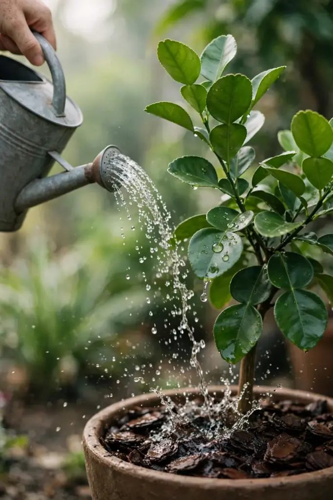 Water arcing from a watering can onto the soil of a potted makrut lime tree