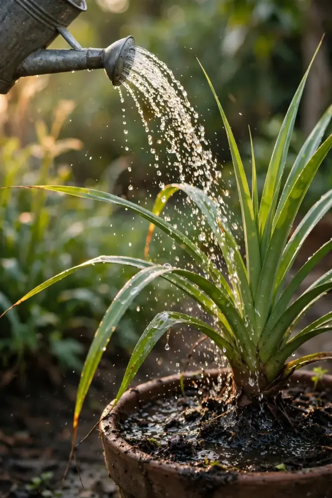 Watering can pouring over a potted pandan plant
