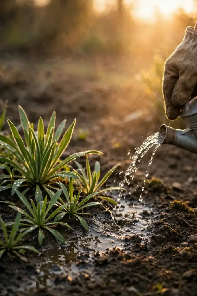 Watering isabgol plants at the base of the bed