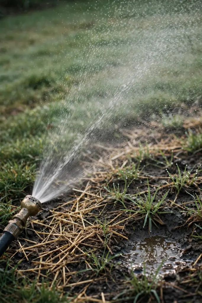 Fine mist from a hose nozzle wetting a newly seeded lawn patch