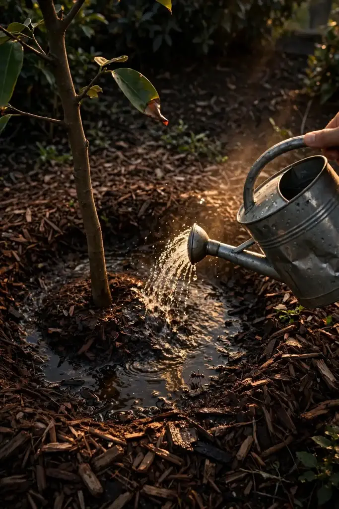 Water soaking into the wide mulch ring around a star apple tree