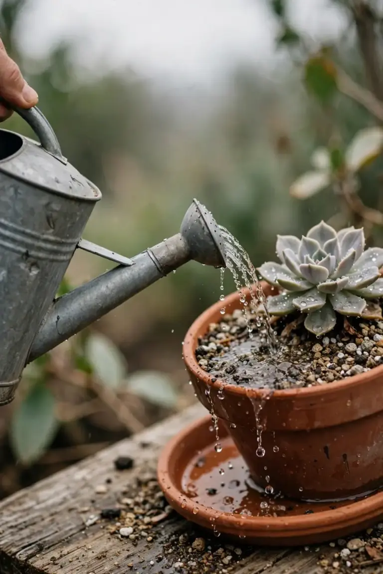 Hand tipping a long-spout watering can over dry succulent mix
