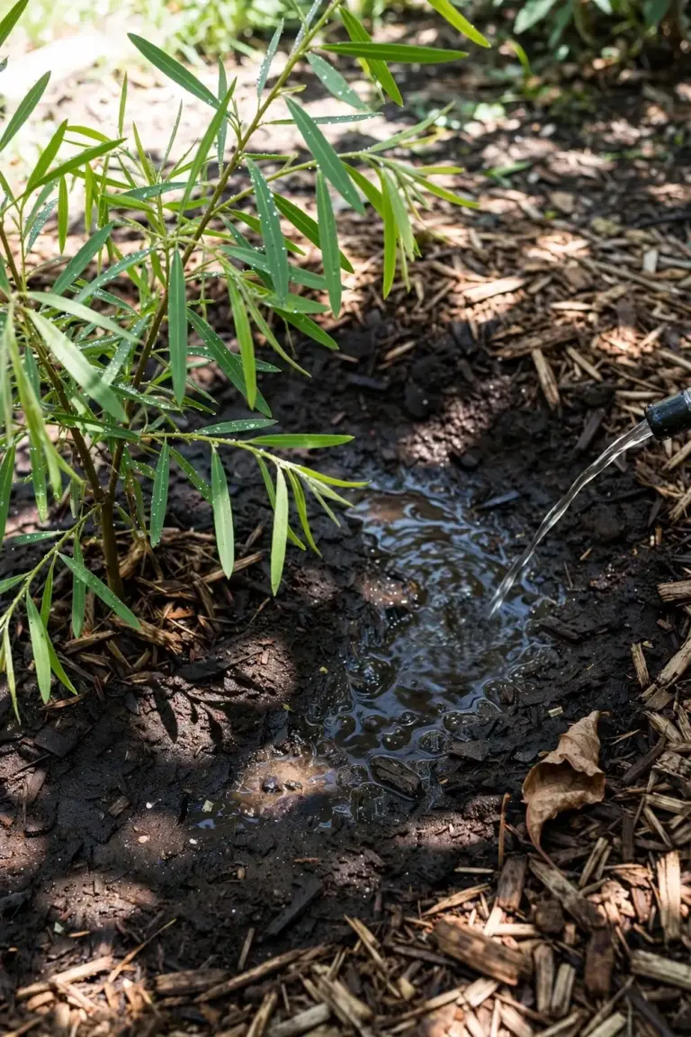 Water soaking into a mulch saucer around a young wattle
