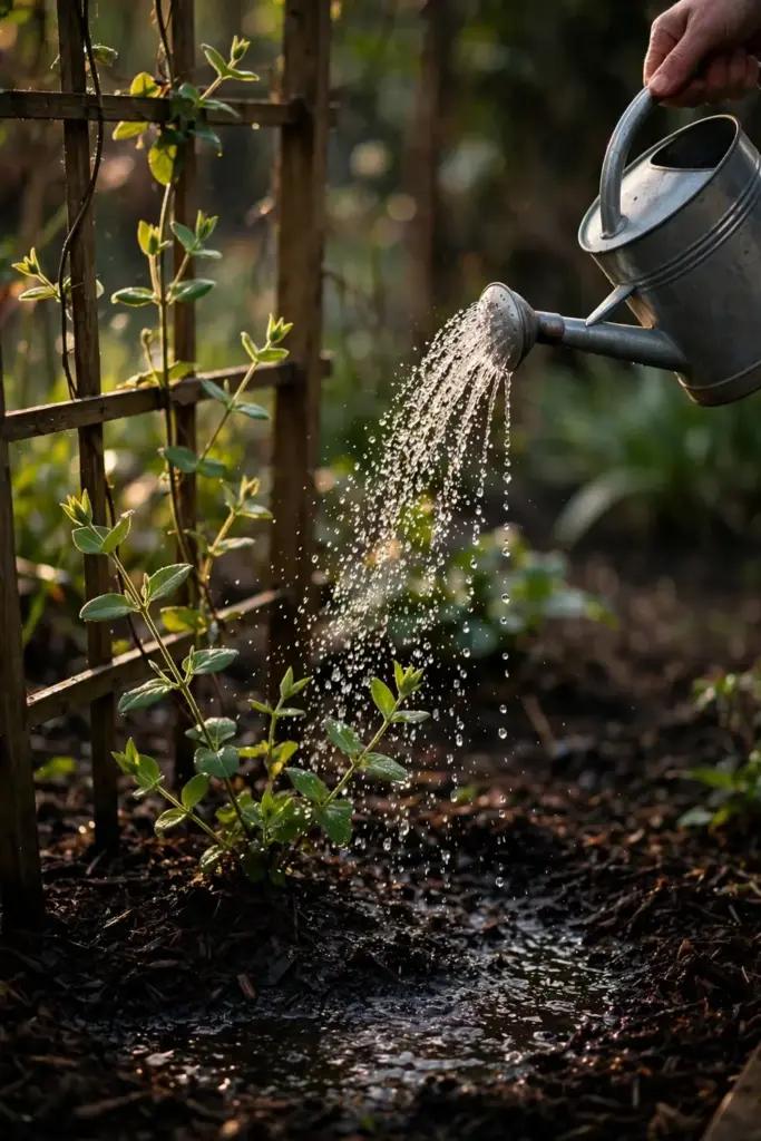 Hand tipping a watering can over a young honeysuckle at its trellis base