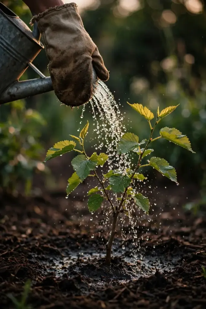 Hand in a worn garden mitt watering a young mulberry tree with a can