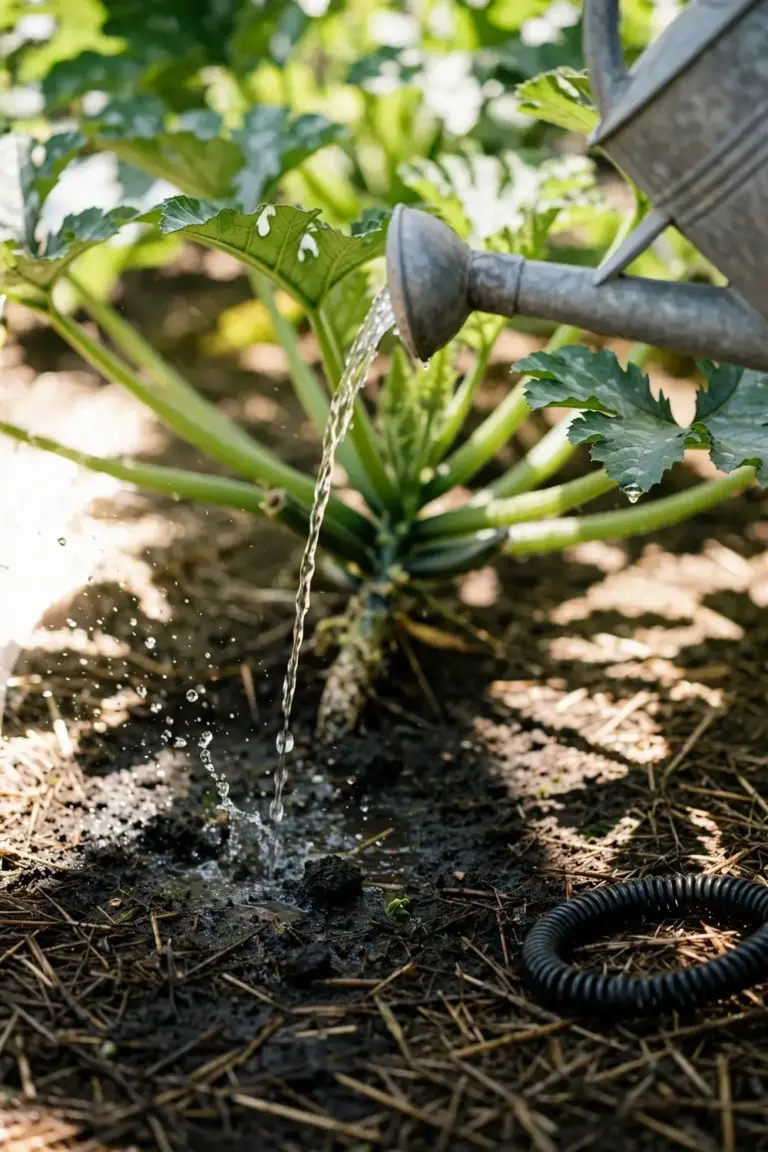 Watering can pouring water at the base of a zucchini plant
