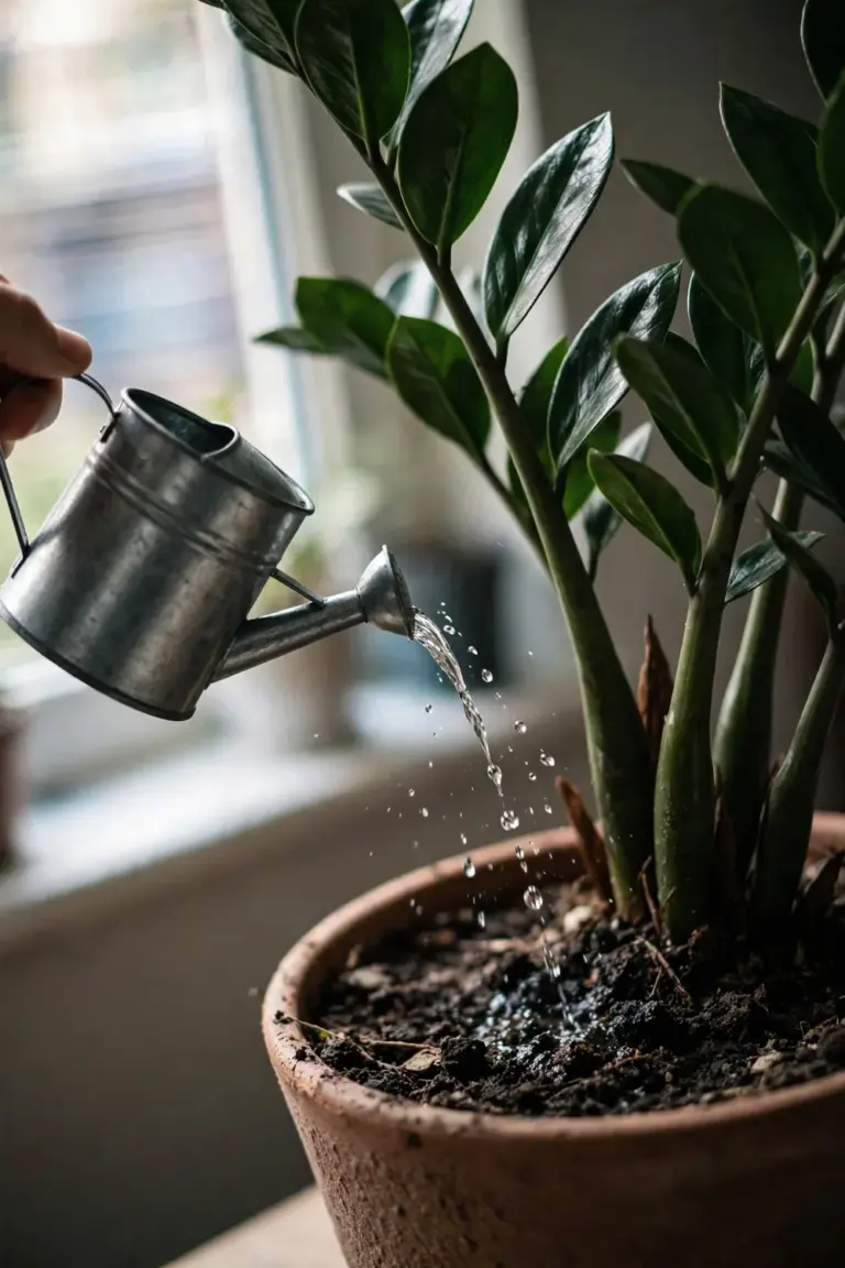 Watering can pouring a stream of water onto the soil of a potted ZZ plant