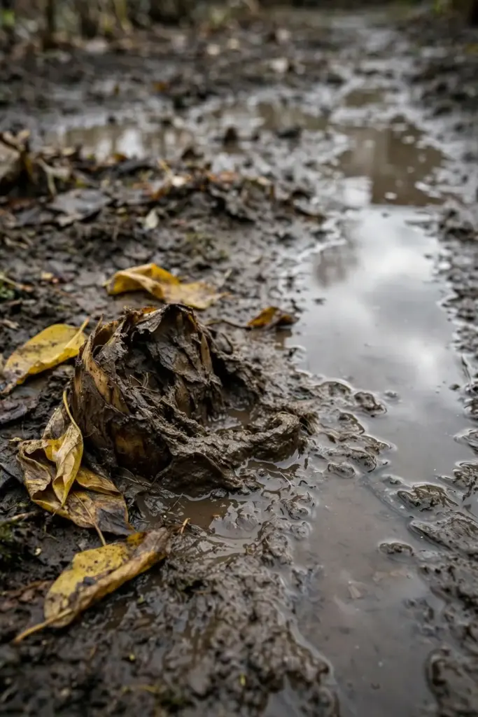 Waterlogged muddy bed with a rotted saffron corm half-exposed