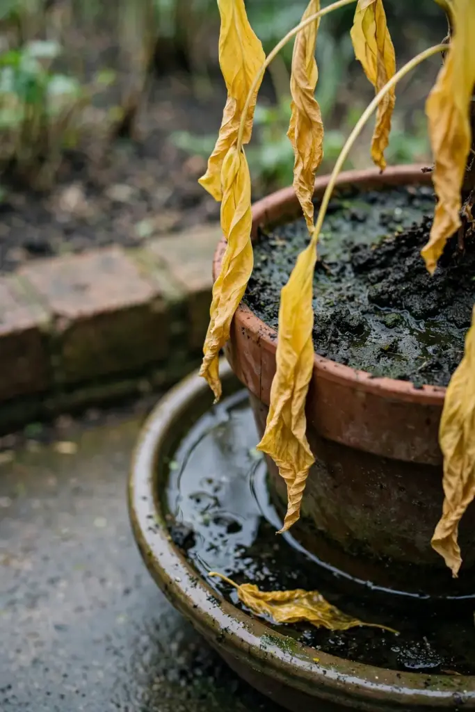 Yellow limp leaves above wet soil in a pot with a full saucer