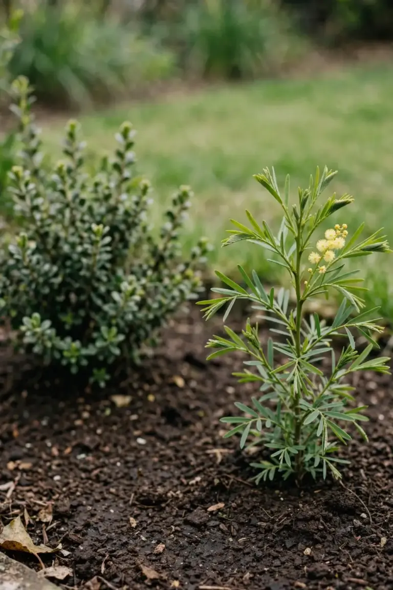 Young wattle newly planted in a mulched garden bed