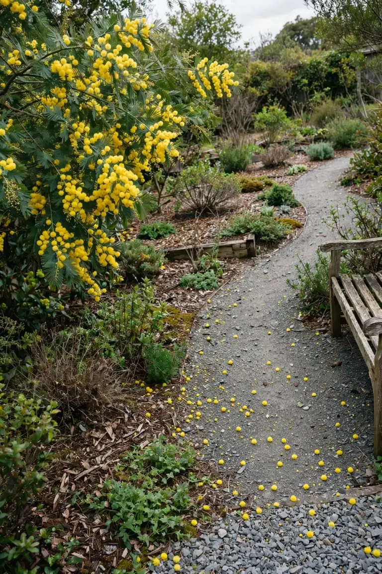 Wattle in a home garden with a path and mixed shrubs around it