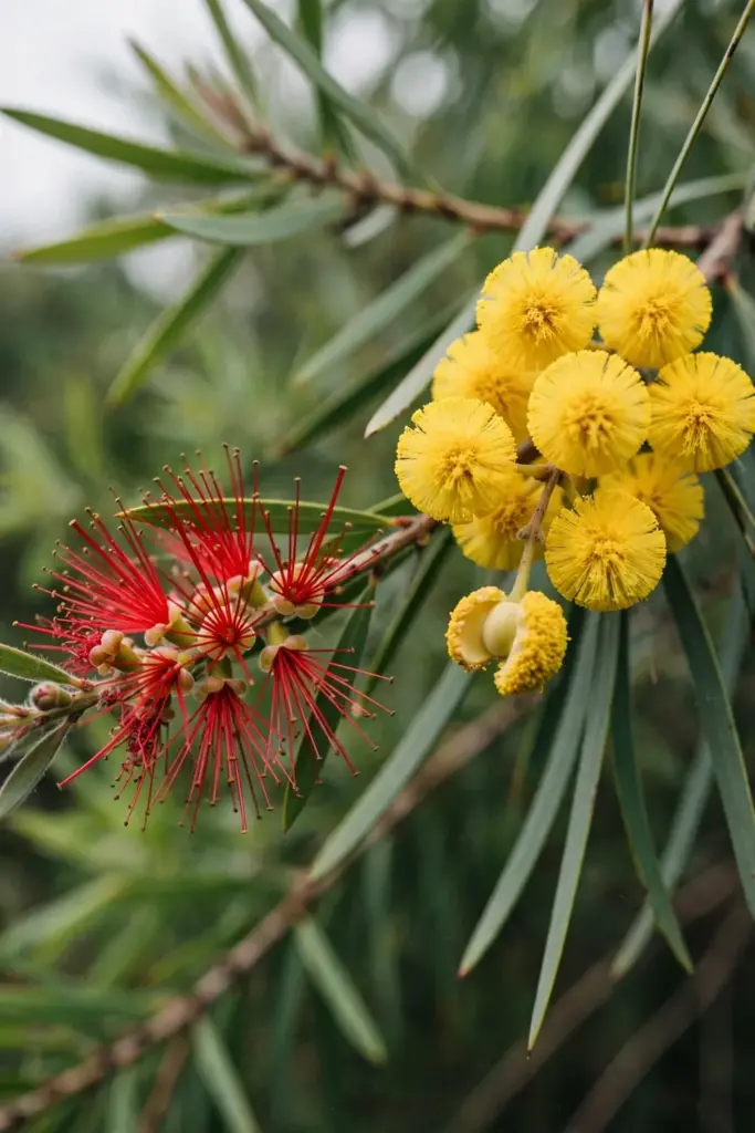 Yellow wattle heads beside a red bottlebrush spike on two branches